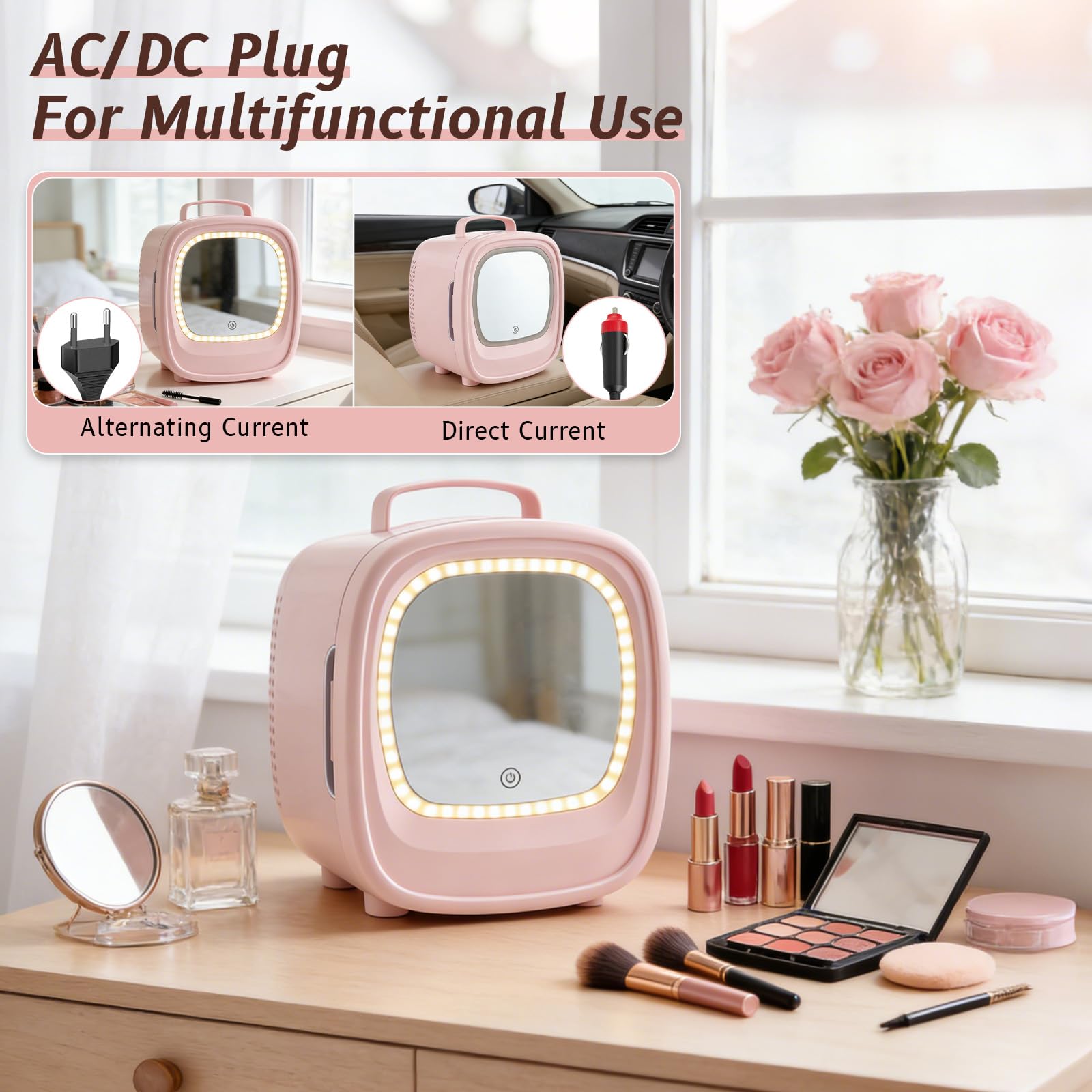 Mini nevera de 6 litros con espejo LED para cosméticos, bebidas, pequeña nevera para el cuidado de la piel en el dormitorio y el bañ