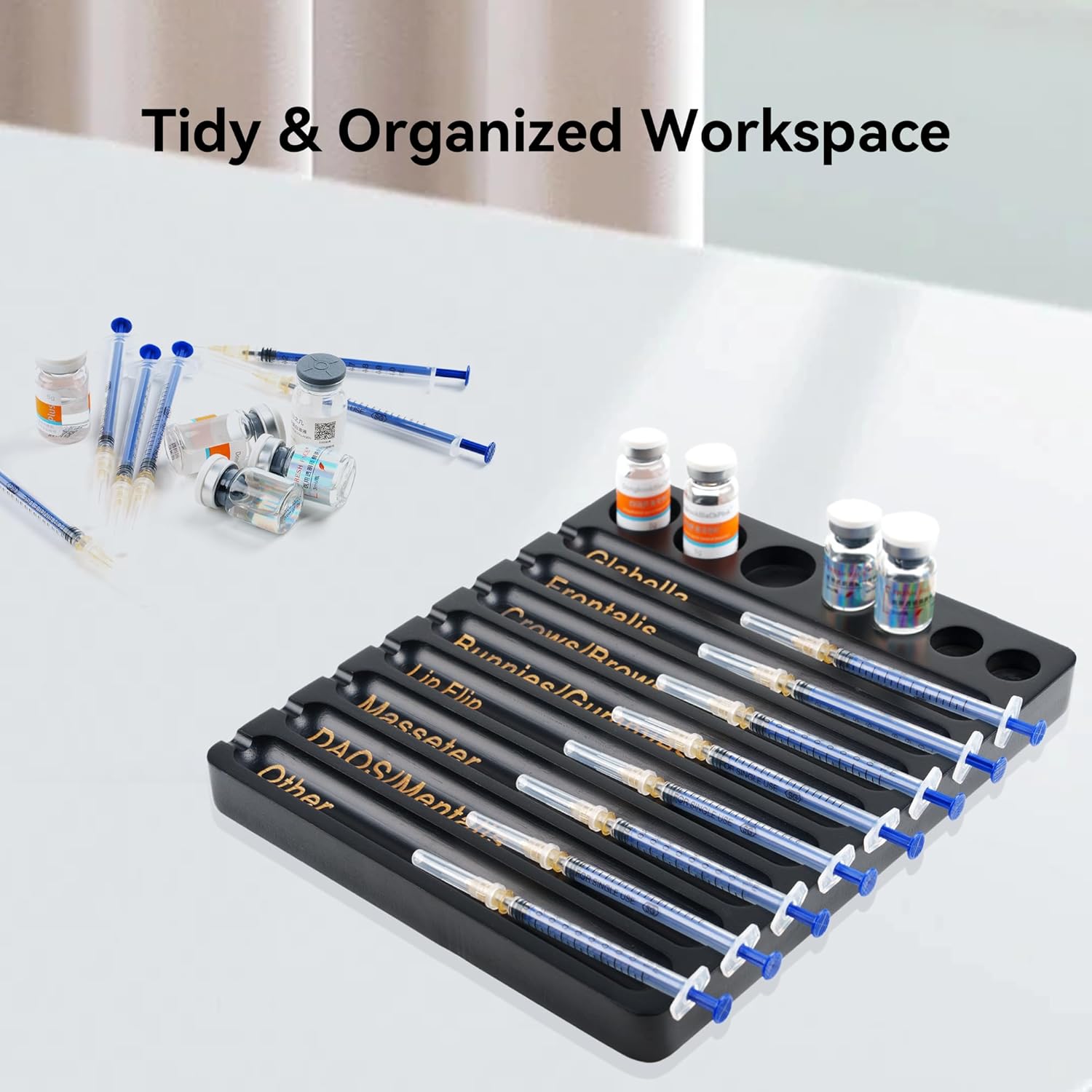 Syringe Organizer Tray with 8 Slots & Labels, Black Bamboo Medical Prep Tray with Vial Holder, 2-in-1 Storage Solution for Nurses & Aesthetic Professionals