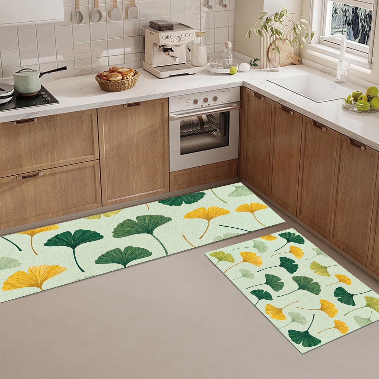 Juego De 2 De Alfombras De Cocina Tema De Hojas De Ginkgo Rural | Alfombra Antideslizante Lavable para Cocina, Plantas Frescas Conjuntos Absorbentes para Pasillo Entrada, Verde Salvia