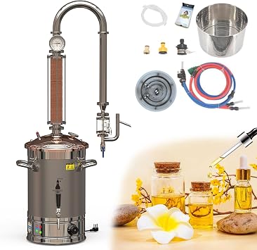 HOOLOO 6.3Gal 110V Home Crystal Column Tower Copper Cover Hydrosol Essential Oil Distiller Kit for Making and Extracting DIY Essential Oil from Herbs, Plants and Flowers