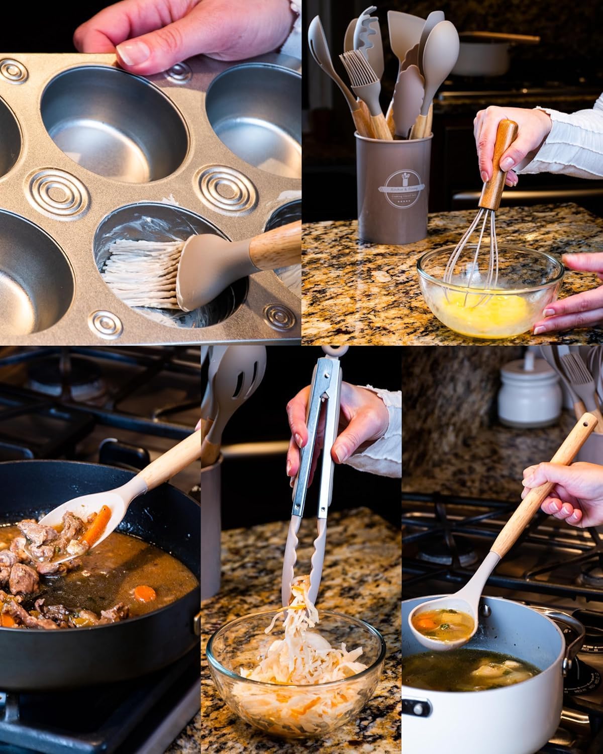 Silicone Cooking Utensils Kitchen Utensil Set - 446°F Heat Resistant Silicone Kitchen Utensils Set, Spatula,Turner Tongs, Spoon, Brush, Whisk,Kitchen Gadgets for Nonstick Cookware, BPA Free (Beige)
