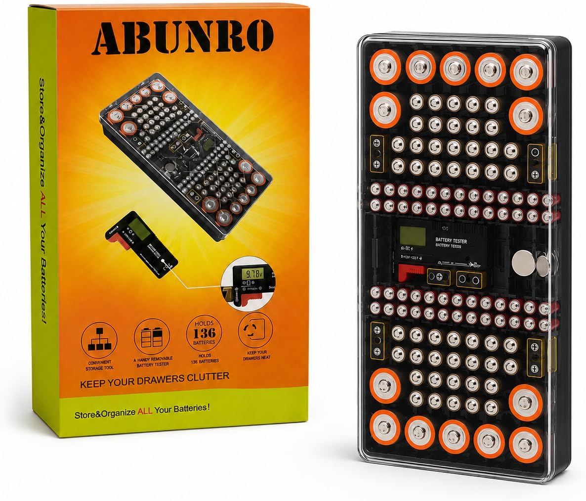 Battery Organizer Storage Case with Tester | Stores & Protects Up to 136 Batteries, Holds AAA AA C D 9V Button Cell with Clear Locking Lid for Home & Garage