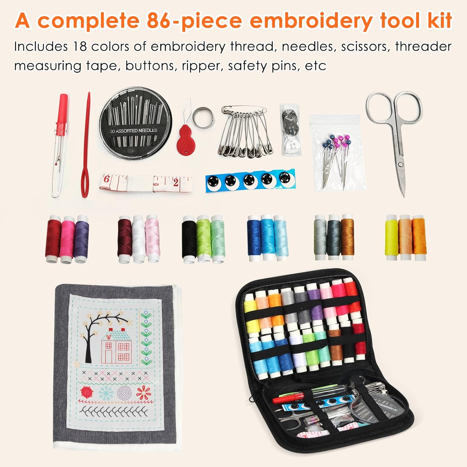 Oeedsns New DIY Embroidery Stitch Book Kit, Illustrated Guide to 106 Universal Embroidery Stitches with Free Tutorials and 86 PCS Sewing Tool Kit for Beginners and Craft Lovers