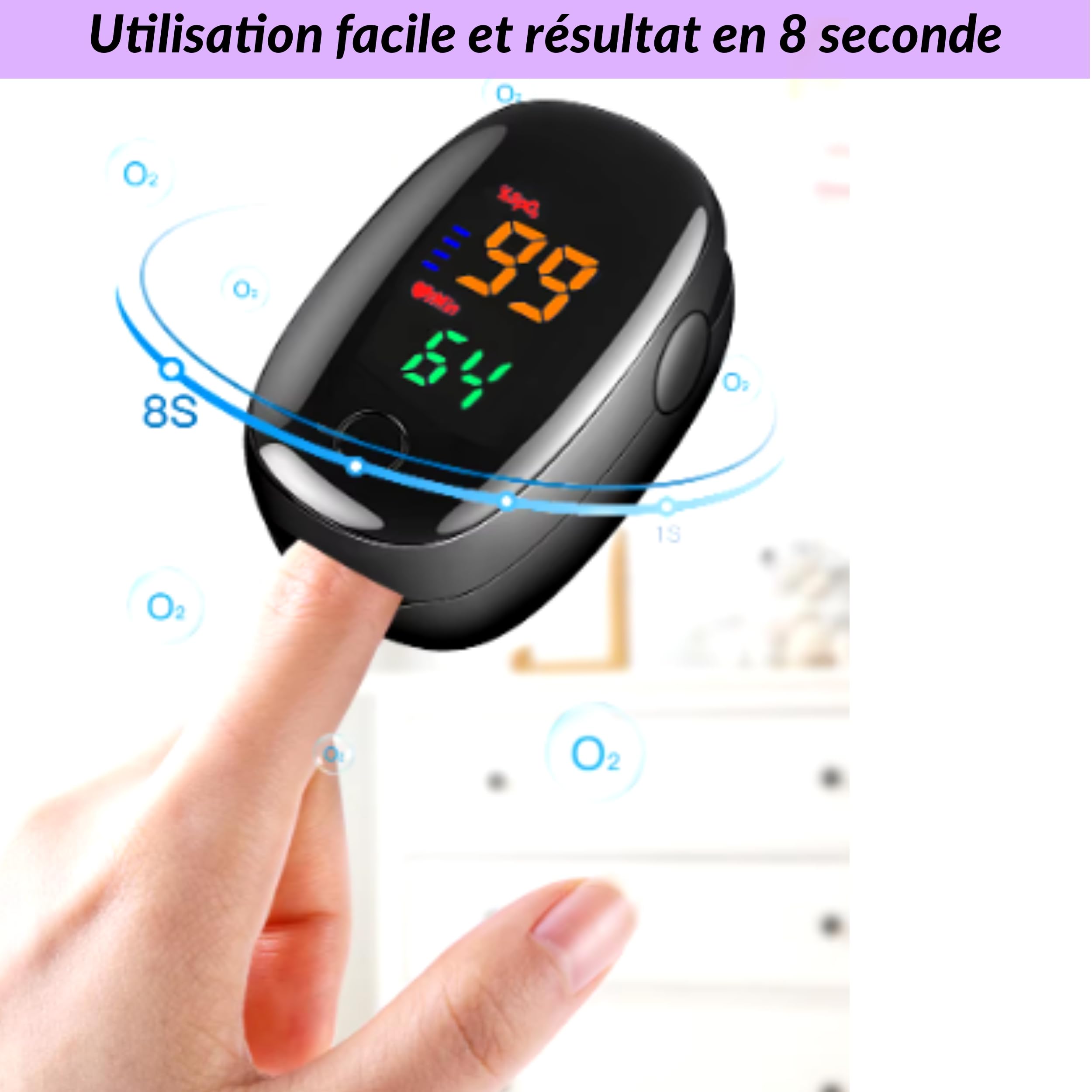 Oxymètre de Doigt Professionnel, Saturomètre SPO2 avec Écran LED, Mesure rapide de Saturation Oxygène et Fréquence Cardiaque, etui de protection + Piles Incluses, Idéal pour sportifs (noir)