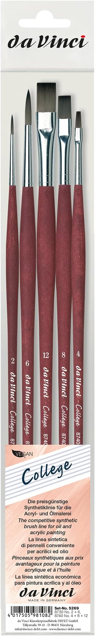 da Vinci Brushes Oil & Acrylic Series 5269 College Synthetic Paint Brush Set, Multiple Sizes, 5 (Series 8730 and 8740)