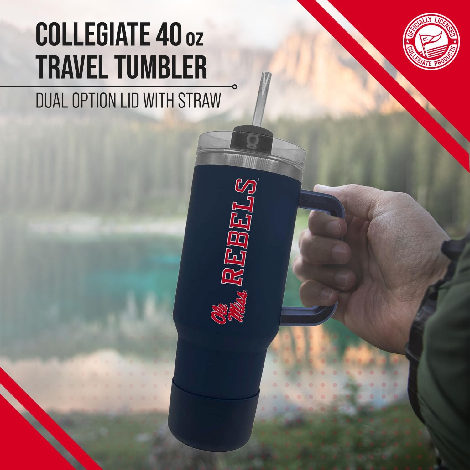 Campus Colors College & University 40 oz Travel Tumbler With Handle - Dual Option Lid With Straw - Vacuum Insulated Stainless Steel (Ole Miss Rebels - Navy)