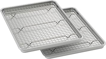 Wildone Baking Sheet with Rack Set 2 Pans + 2 Racks, Natural Aluminum Commercial Quality Cookie Sheet with Cooling Rack, Nonstick Baking Pan, Warp Resistant & Heavy Duty, Half Sheet Size