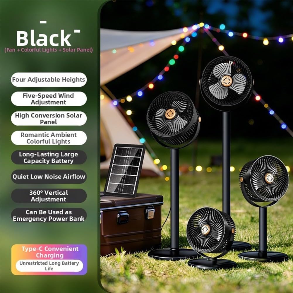 Ventilador solar compacto de pie con tira LED RGB, batería recargable de 4000 mAh, 5 ajustes de velocidad, ventilador portátil ajustable de 360° para dormitorio, camping, oficina (negro)