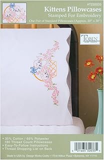 Tobin Stamped Pillowcases, Kittens in Basket, 20" x 30" Embroidery Kit, White