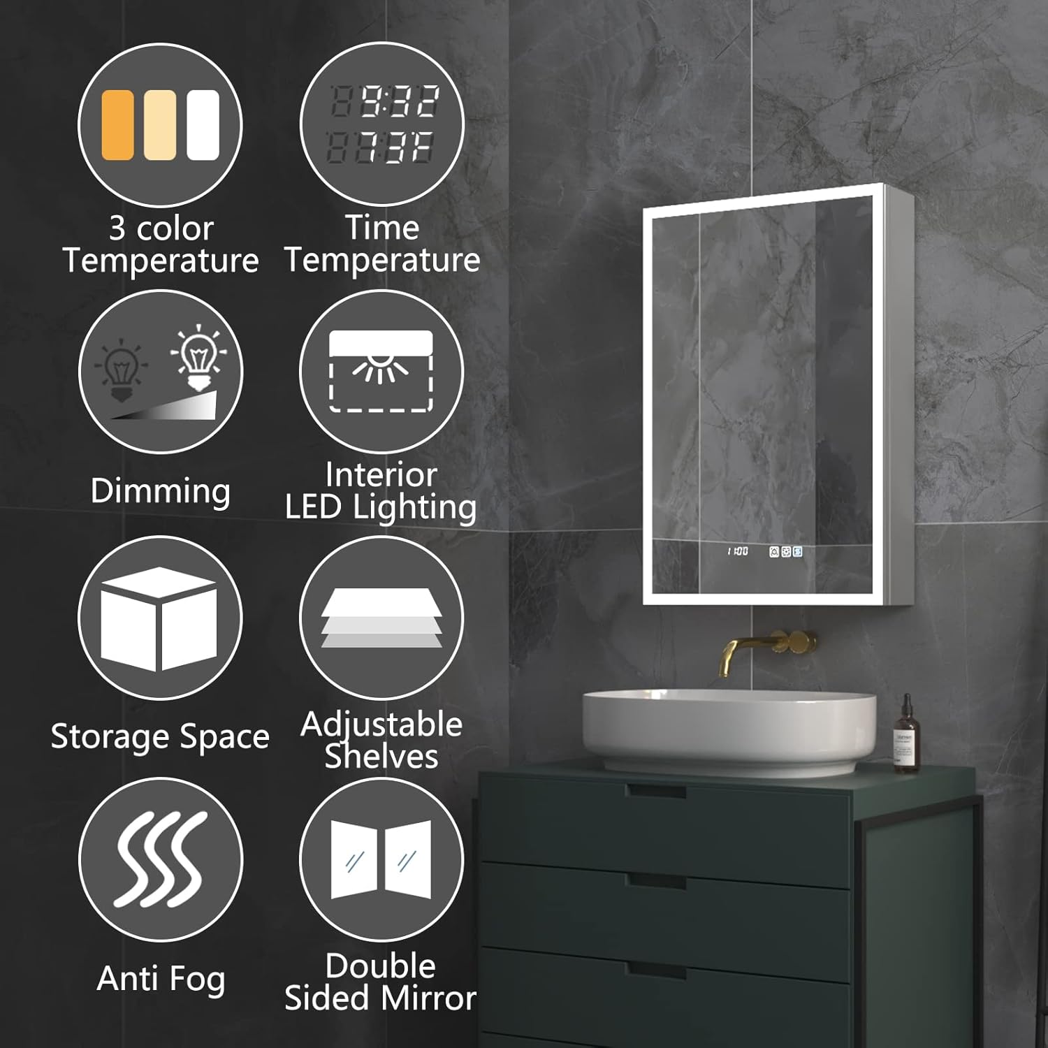 Infographic showing key features of the ExBrite medicine cabinet