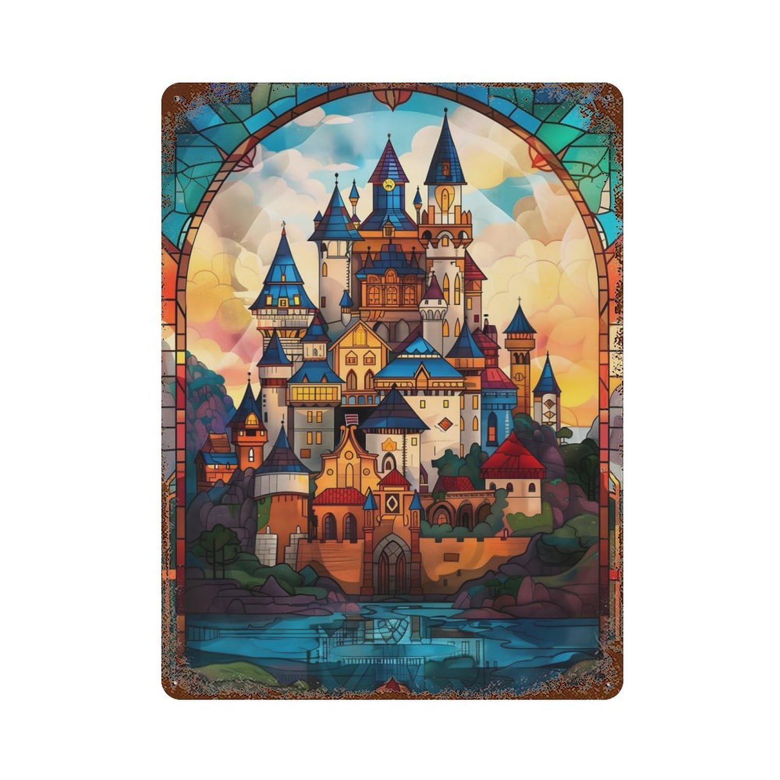Castle Stained Glass Decorative Tin Sign 15.7"x11.8", Ideal for Cafe, Home Bar And Lounge Decor