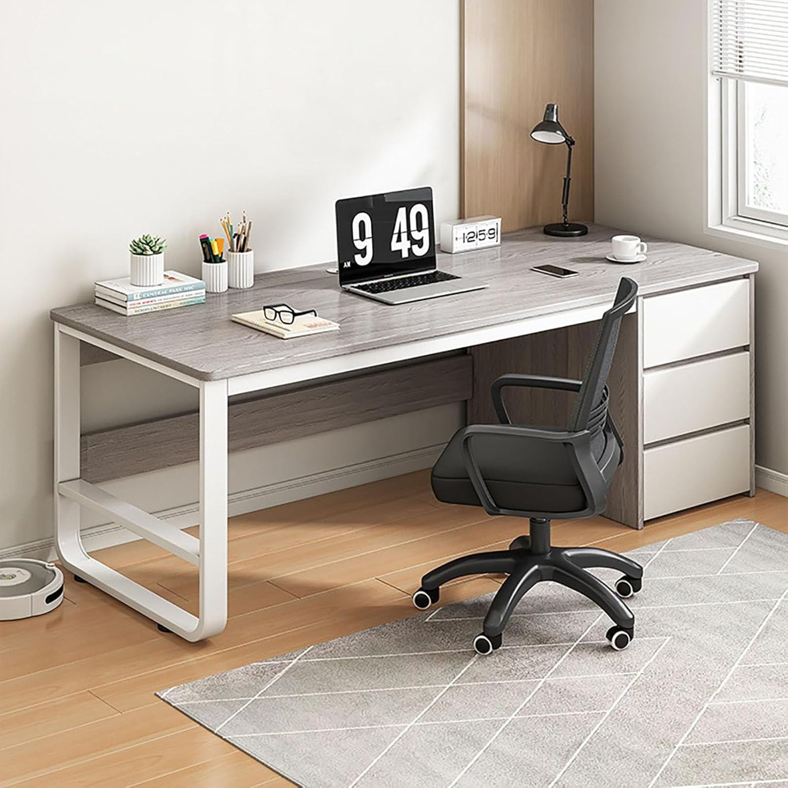 NHPJFDC Computer Desk with Drawer, Extra Long Desk With Storage Cabinet Shelf,Sturdy Writing Table,Computer Gaming Desk,Writing Study Table Workstation for Home Office(Gray,100x50x75cm)