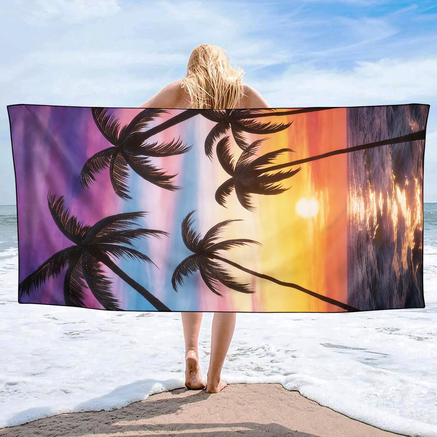 Coastal Seaside Sunset Beach Towel Oversized 36" x 72", Coconut Trees Pattern, Sand Free and Quick Dry, Thin Lightweight Microfiber Towels for Swimming Camping Travel Sports