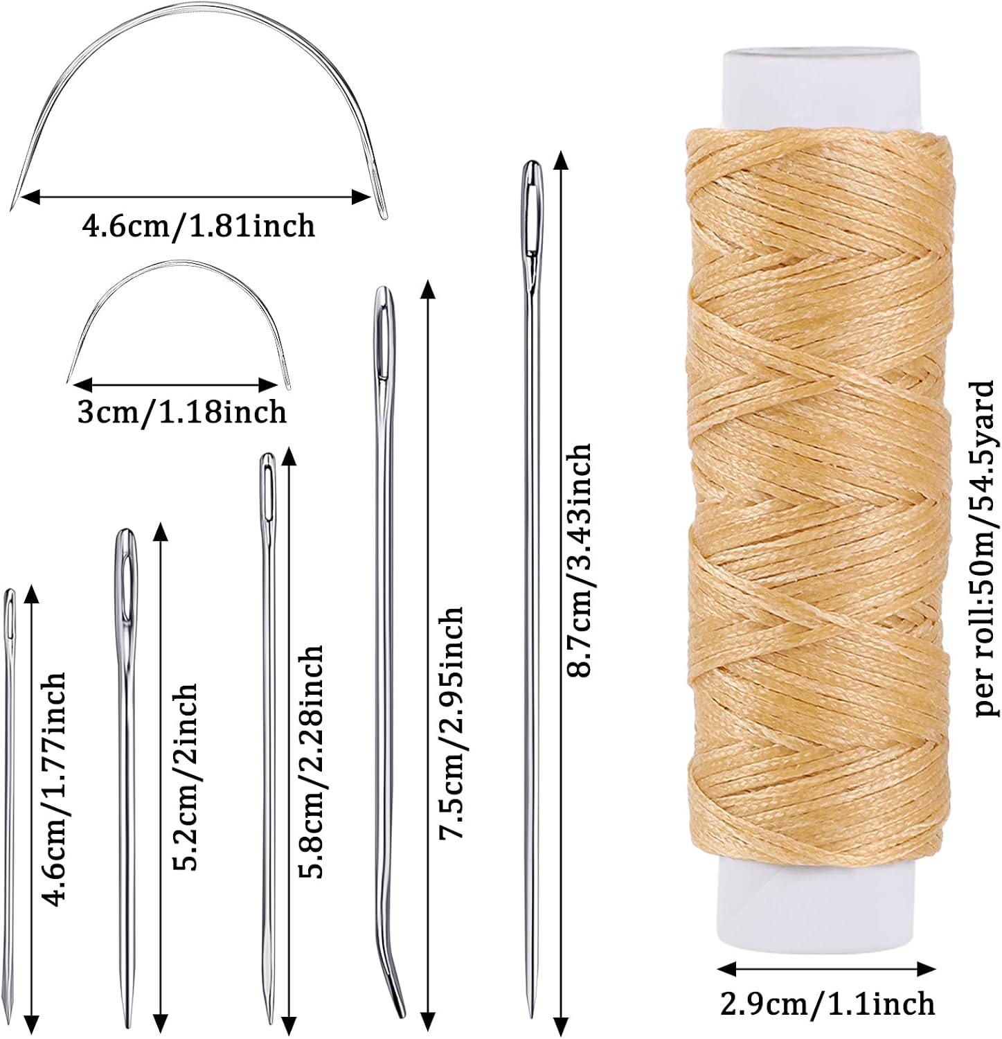 55Yards Waxed Thread with 7 Pcs Leather Needles for Hand Sewing 150D Flat Sewing Waxed Thread Leather Repair Needles for Sewing Upholstery Leather Canvas Bags Sofa Furniture(Natural)