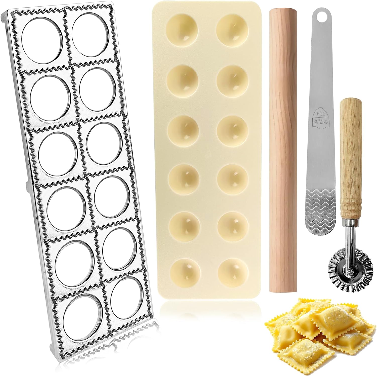 Produktbild von Ravioli-Maker Aus Aluminium – 12 Löcher, Mit Teigrad, Nudelholz & Spatel, Für Selbstgemachte Pasta & Knödel