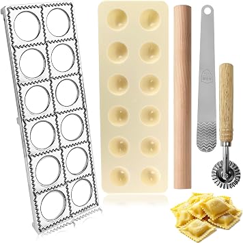 Ravioli Maker Mold Press Set Include 12 Holes Ravioli Maker Press with Pasta Mold Ravioli Tray Ravioli Stamp Maker Cutter Wood Rolling Pin and Filling Spoon Pasta Making Tools Pelmeni Mold