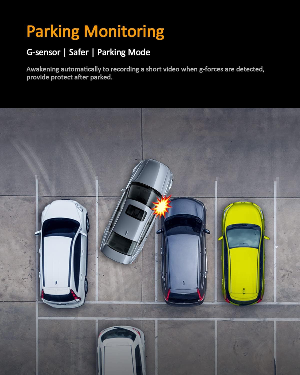 Overhead view of cars in a parking lot with one car being hit