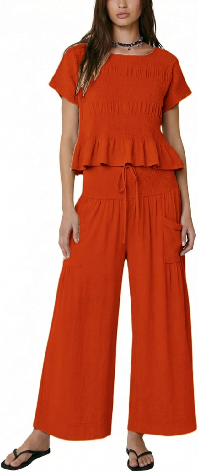Womens 2 Piece Smocked Lounge Set Ruffle Peplum Top Short Sleeve High Waisted Wide Leg Pants with Pockets Boho Outfit