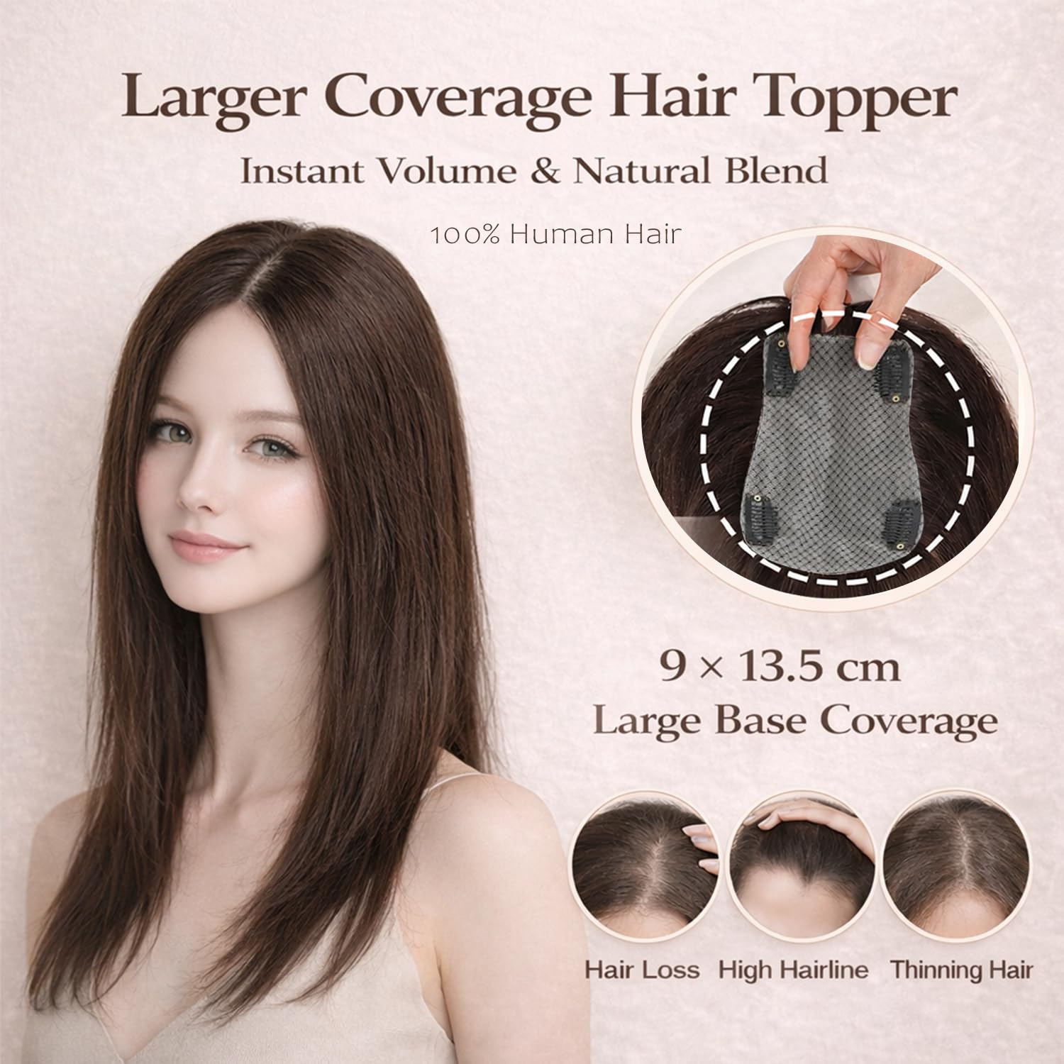 Hair Toppers for Women Real Human Hair, 360° 3D Human with Thinning Upgrade Middle Part Clip in Bangs Topper Hair Pieces for Women Daily(Medium Dark Brown, 16 Inch-3D-Side)