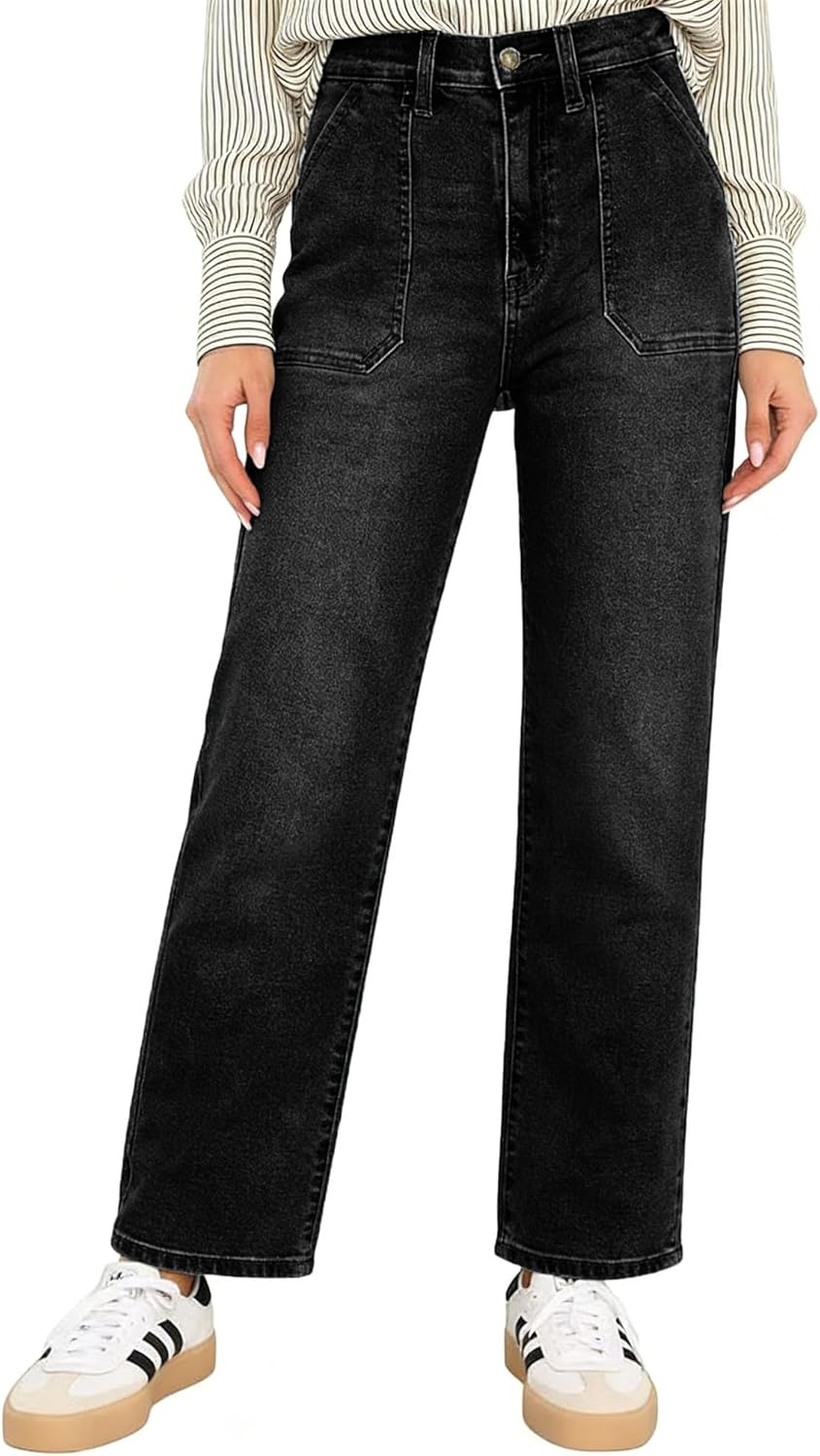 Women 's High Waisted Straight Leg Jeans for Trendy Stretchy Bootcut Jeans Ankle Length Patch Pocket Denim Pants