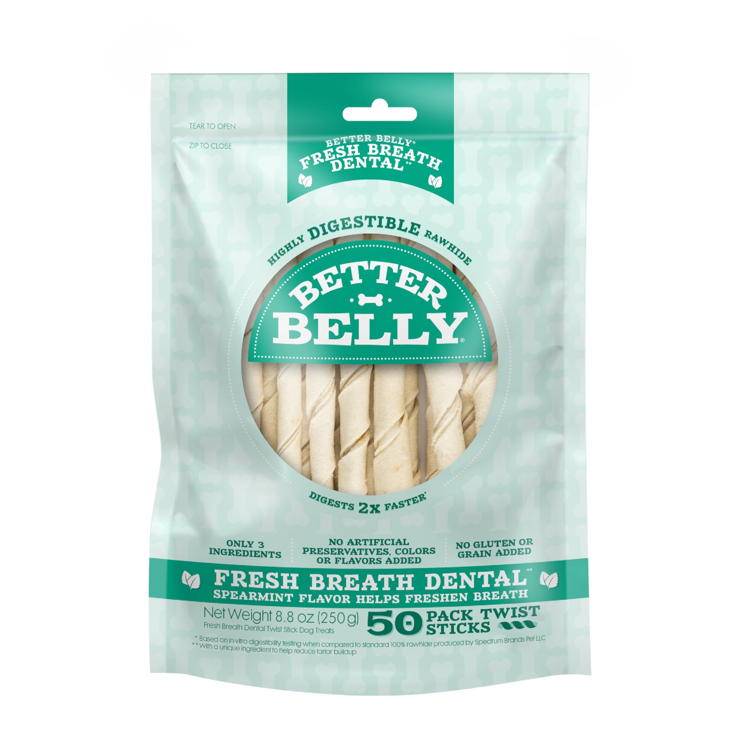 Better Belly Fresh Breath Dental Twist Sticks, 50 Count, Highly Digestible Rawhide for Dogs