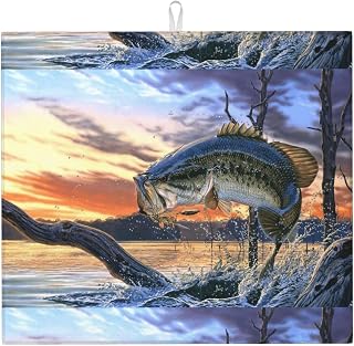 Bass Fishing Dish Drying Mat ,Absorbent Microfiber Kitchen Counter Mat, Dish Drying Pad 16" X 18"For Dishes, Utensils, Pots And Pans