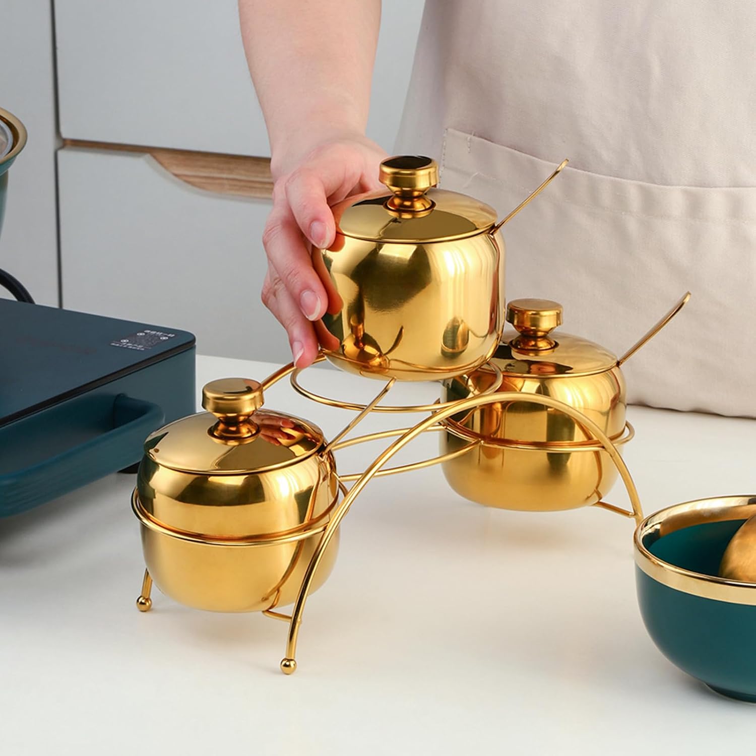 Buyer Star 3-Piece 304 Stainless Steel Seasoning Containers Set with Lid Spoon and Rack, salt and sugar container sets, Condiment Canisters Pots for Serving Sugar, Pepper, Salt, Spice (Gold)