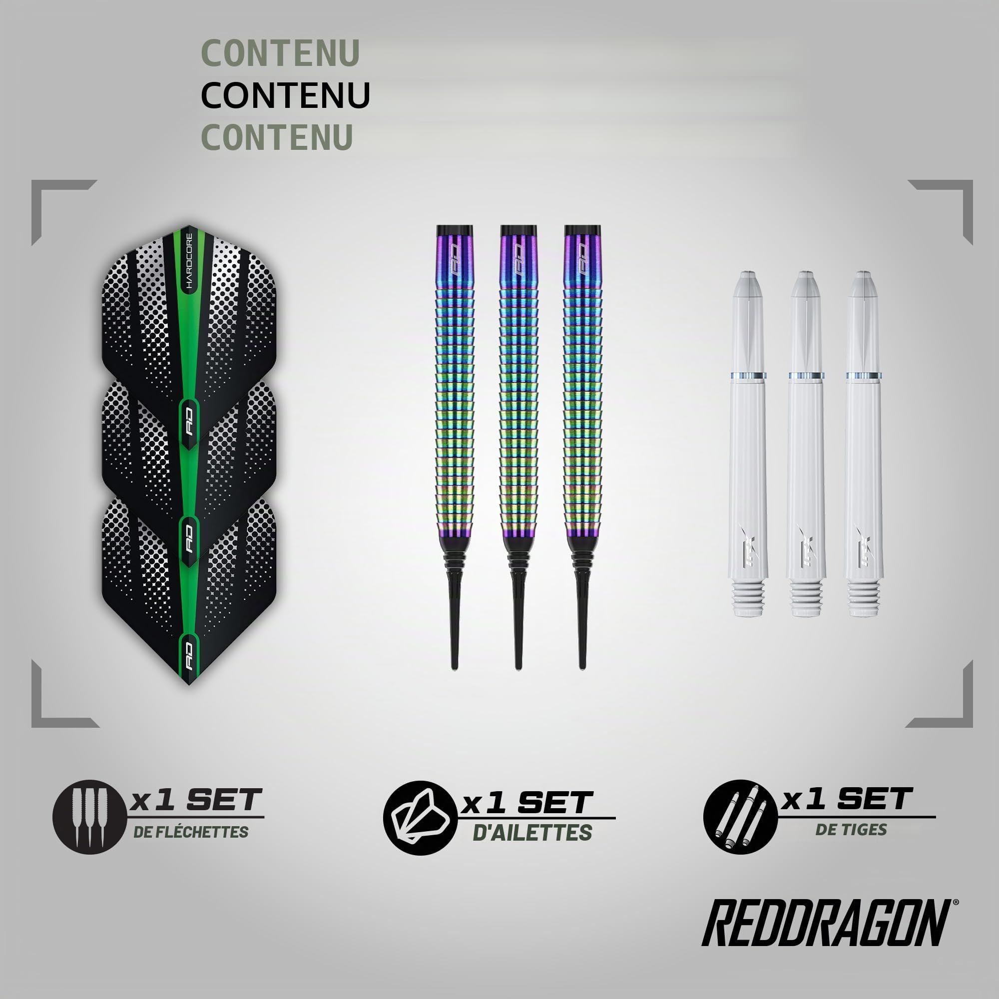 RED DRAGON Razor Edge Spectron Fléchettes en tungstène Softip 18 grammes avec ailettes et tiges