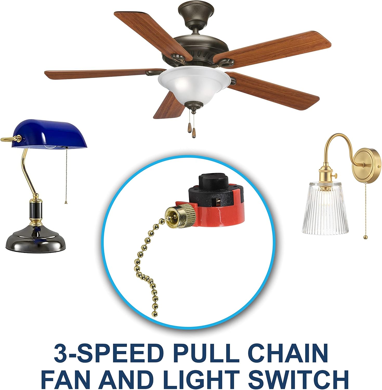 HQRP 2-Pack 3-Speed 4-Wire Switch Compatible with Hunter, Hampton Bay, Harbor Breeze, Westinghouse Ceiling Fan Pull Chain Light Switch (OFF L-1 L-2 L-3), Red, UL Listed
