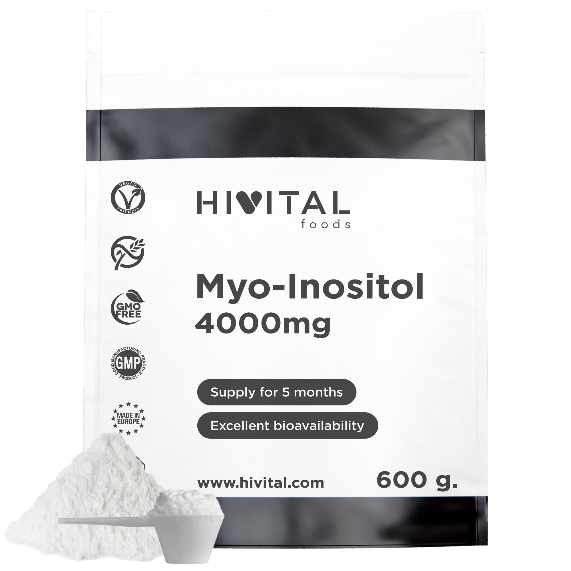 Myo Inositolo 4000 mg. Pack da 600 g. per 5 mesi di trattamento. Regolatore ormonale 100% Vegano. Il Myo-Inositolo per aiutare con la PCOS o PCOS. Prodotto in Europa da HIVITAL