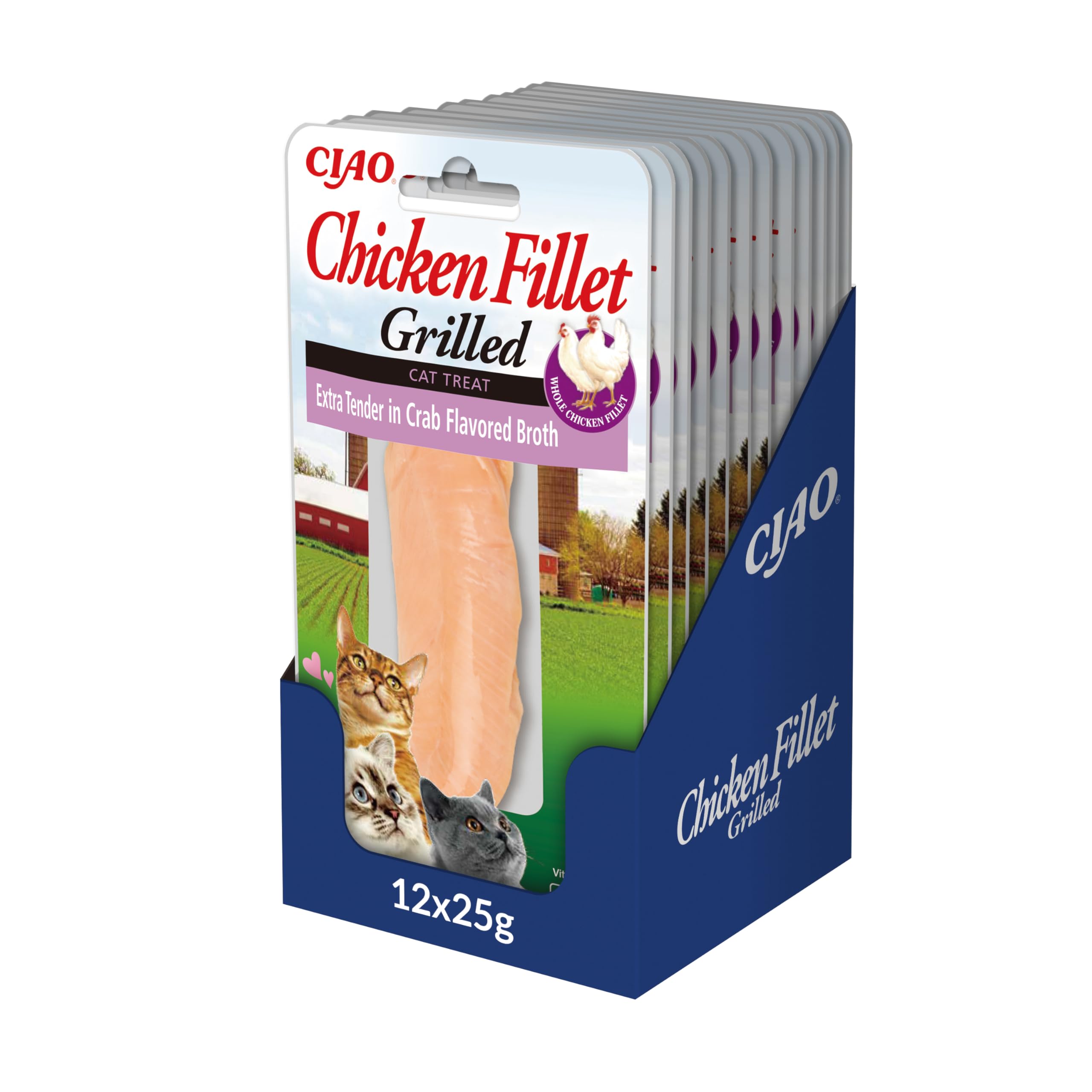 INABA Chicken Fillet Grilled Katzen Leckerlies mit 92% Hühnerfleisch, eine einzige Proteinquelle, Katzenleckerlis ohne Nebenerzeugnisse, ohne Zucker, der Beste Hühnchen-Snack für Katzen 12 x 25g