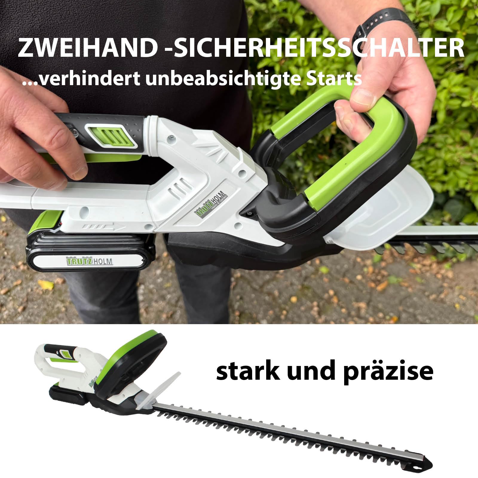 TRUTZHOLM Akku Heckenschere 20V/2,0Ah mit Akku und Schnellladegerät, 52cm Schnittlänge, 65mm Schnittbreite, 10mm Aststärke, drehbarer Griff 180°, Messeranstoßschutz, 40min Laufzeit, 2,5kg leicht