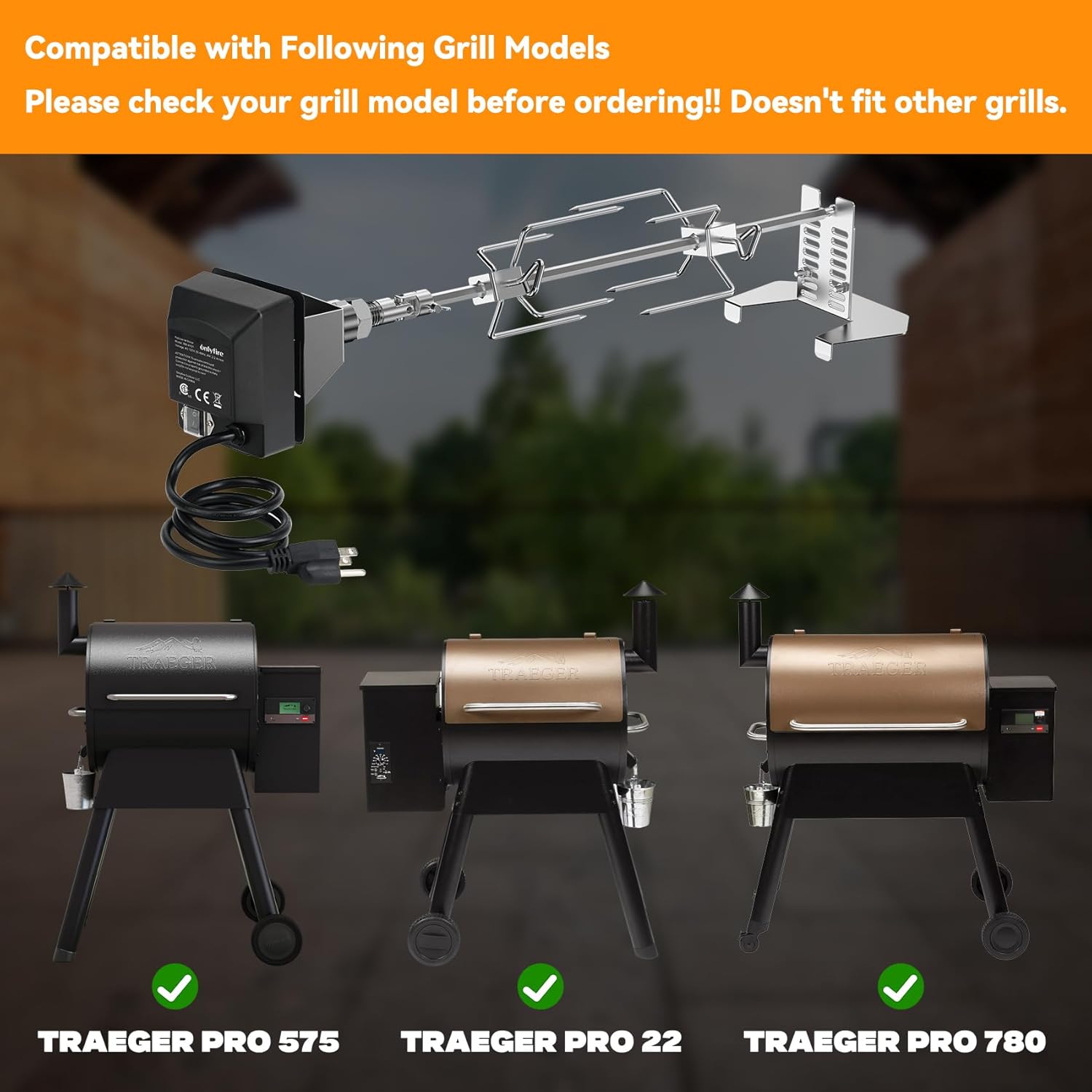 onlyfire Grill Rotisserie Kit for Traeger Pro 22, Pro 575, Pro 780 Series Wood Pellet Grill and Smoker, BBQ Grilling Accessory for Outdoor Cooking