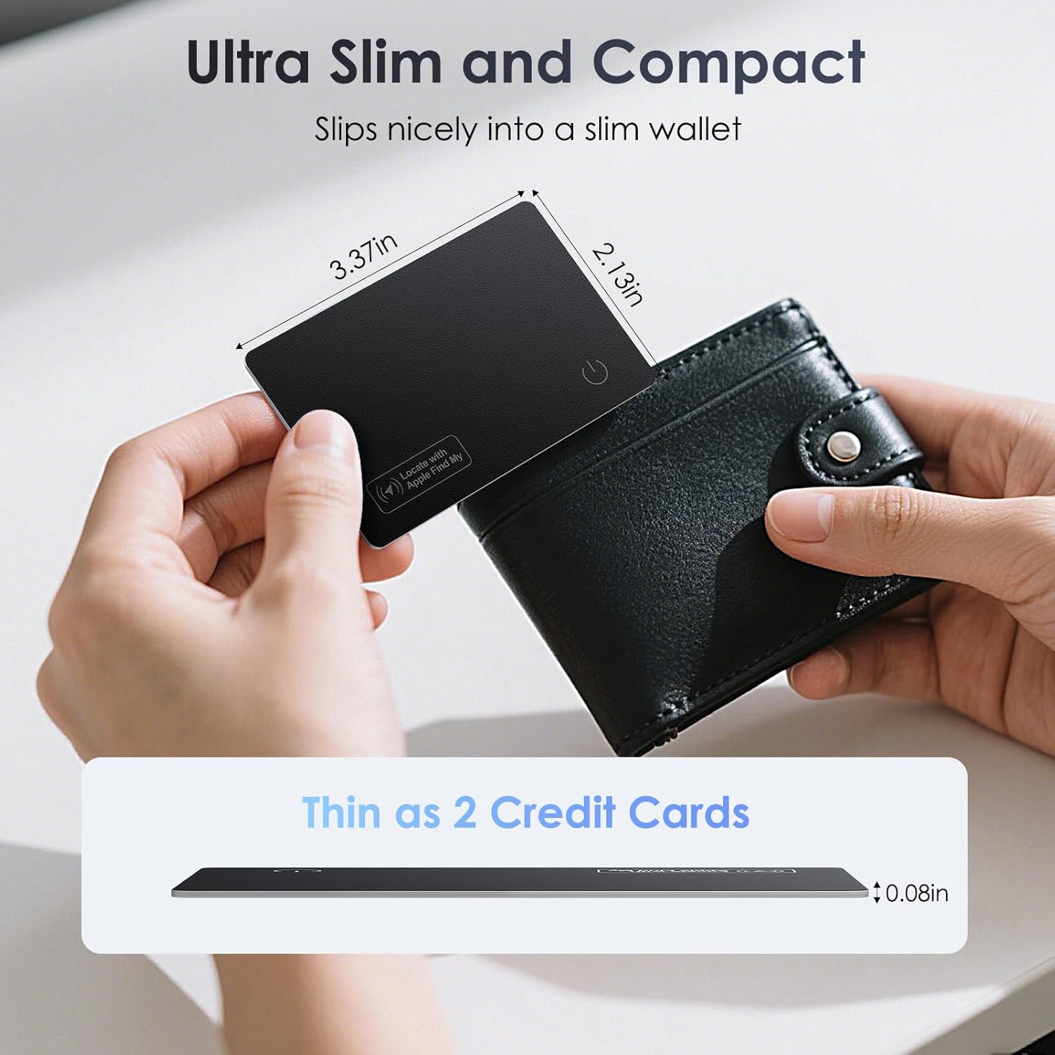 KINDEEP Wallet Tracker Card next to a wallet with dimensions and a comparison to two credit cards.