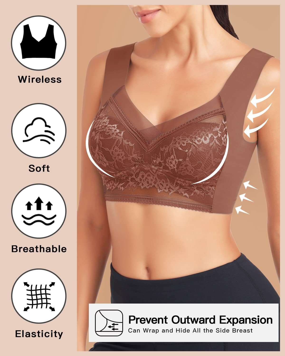 WOWENY Seamless Lace Bras for Women Wirefree Comfortable Mesh Padded Soft Back Smoothing Bra - Image 3