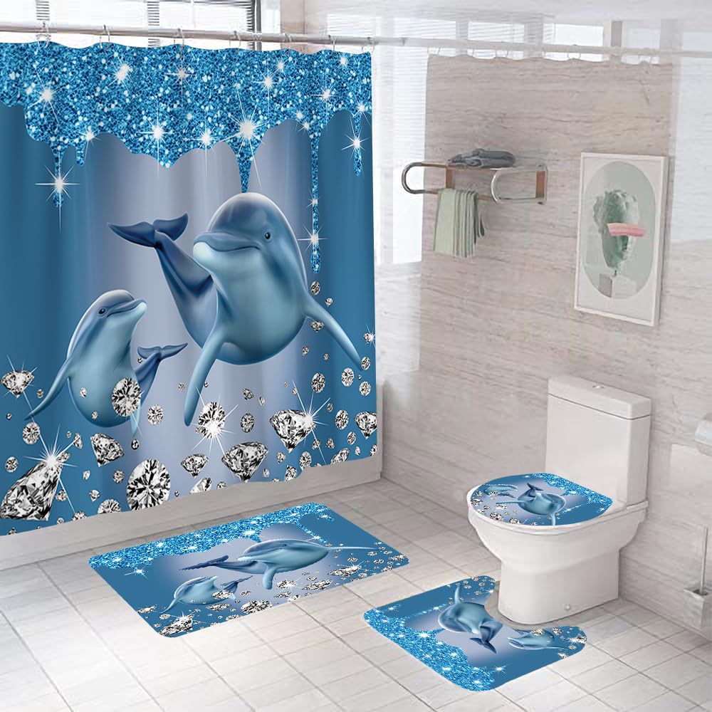 BIPOOBEE 4PCS Blue Dual Dolphin Diamond Shower Curtain Bathroom Set with Rugs, Toilet Lid Cover and Bath Mat, Shower Curtain with 12 Hooks for Bathroom Decor Set