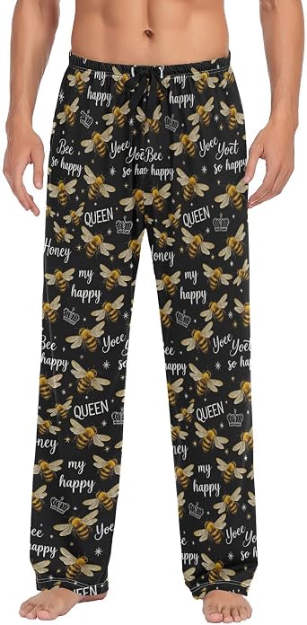 Mens Pajama Pants Honey Bee Golden Embroidery Lounge Pants Super Soft Pajama Bottoms with Pockets
