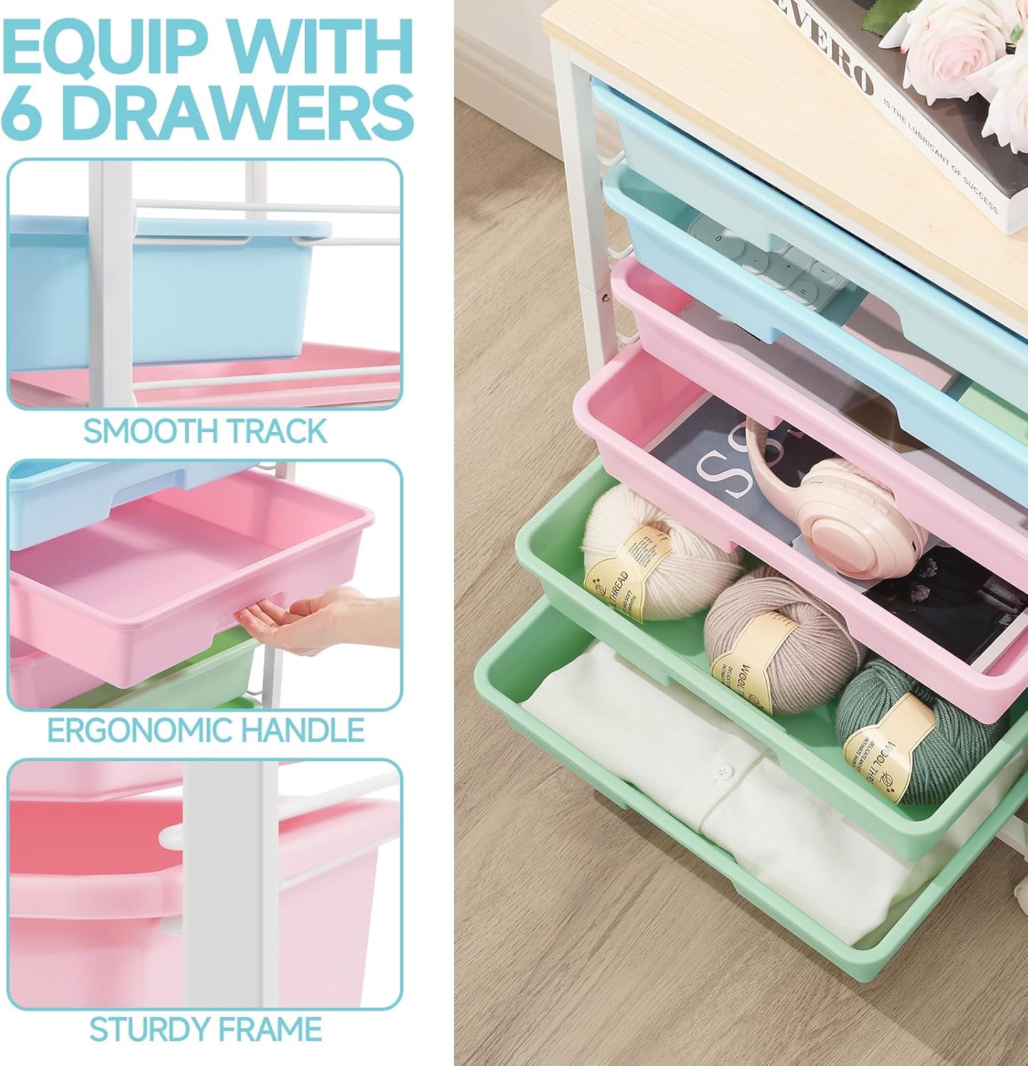 Rolling Cart with Drawers,Utility Cart with 6 Drawers,Rolling Storage Cart with Drawers and Wooden Tabletop & Lockable Wheel,Colorful