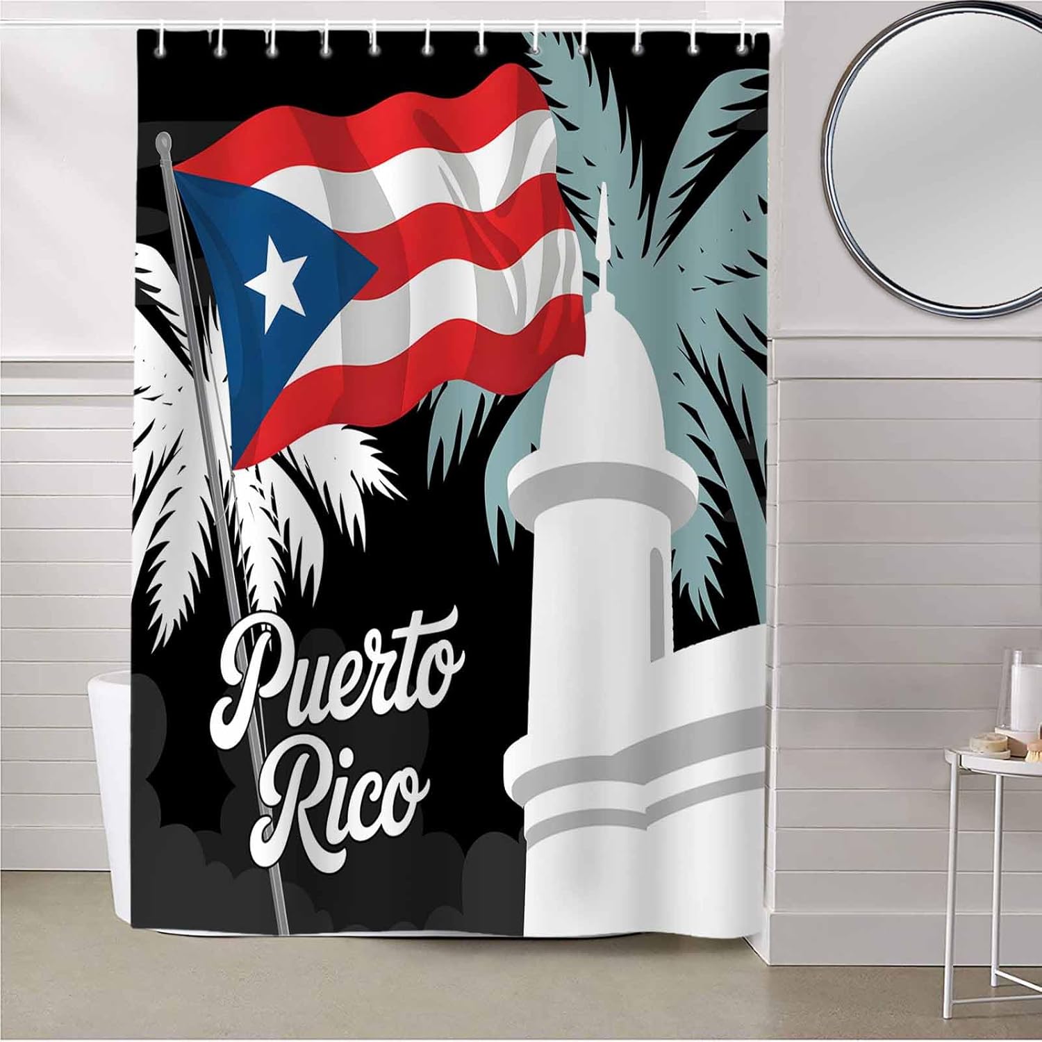 QueenKer Shower Curtains Puerto Rico Flag Palm Tree Waterproof Polyester Fabric Bath Curtain Set with Hooks for Bathroom Bedroom 72x72 Inch