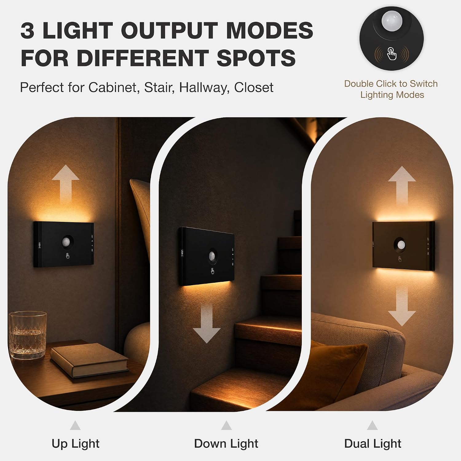 UNUSROOM Rechargeable Stair Lights Indoor Motion Sensor, 3-Pack Wireless Night Light with 1200mAh Battery, Dimmable 3 Color Temps Up/Down Lighting, Magnetic Mount for Hallway Bathroom Kitchen Closet