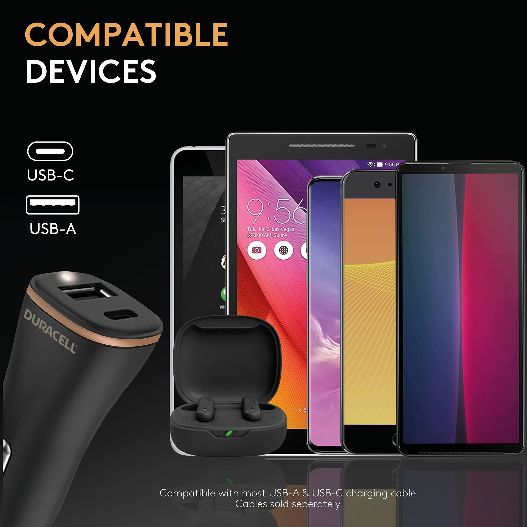 Duracell Czarny 27 W podwójny USB-C + kompaktowy adapter ładowarki samochodowej USB-A - kompatybilny ze smartfonami, tabletami, powerbankami i innymi