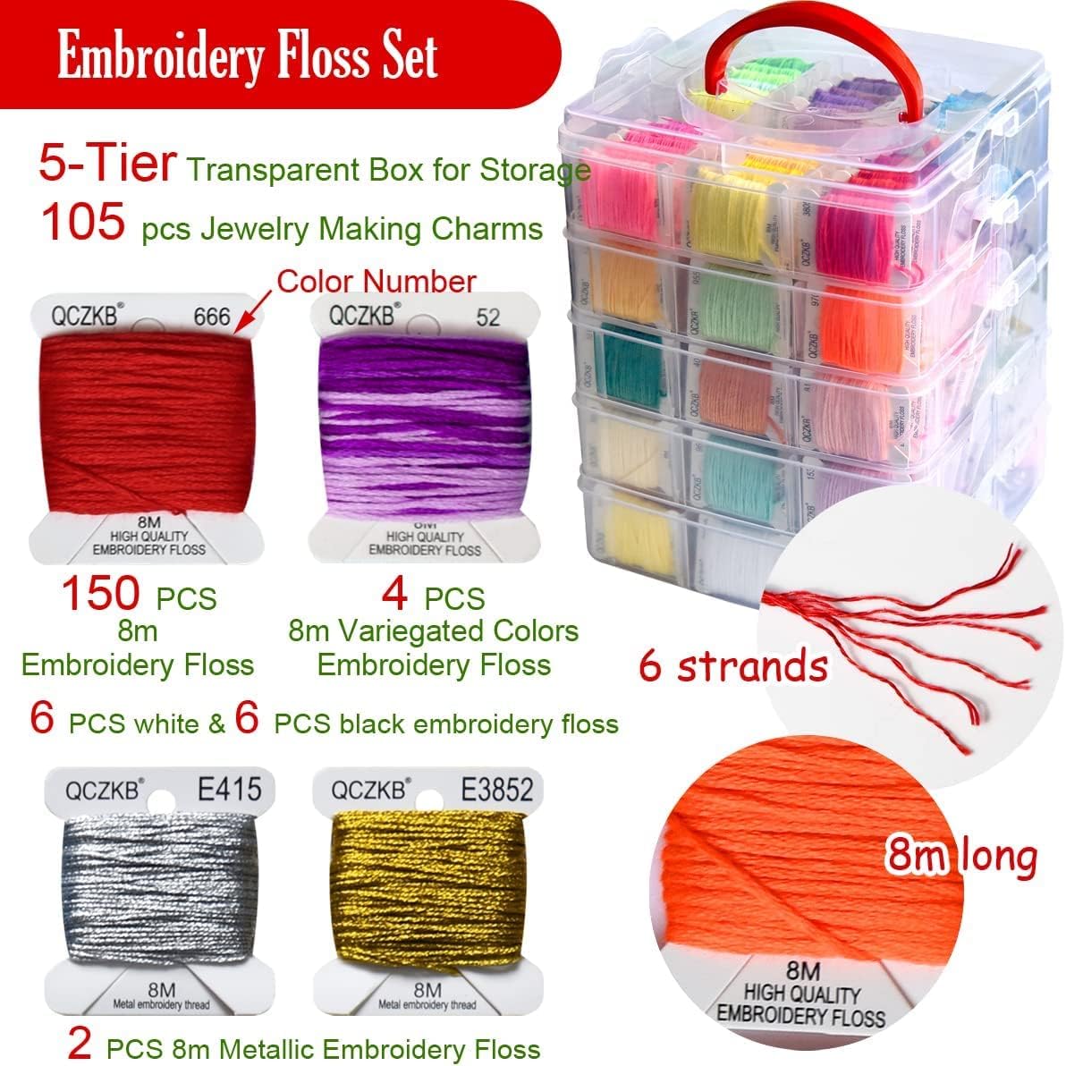301 Embroidery Floss Set Including Cross Stitch Threads Friendship Bracelet String with 5-Tier Transparent Box, Floss Bobbins and Cross Stitch Kits