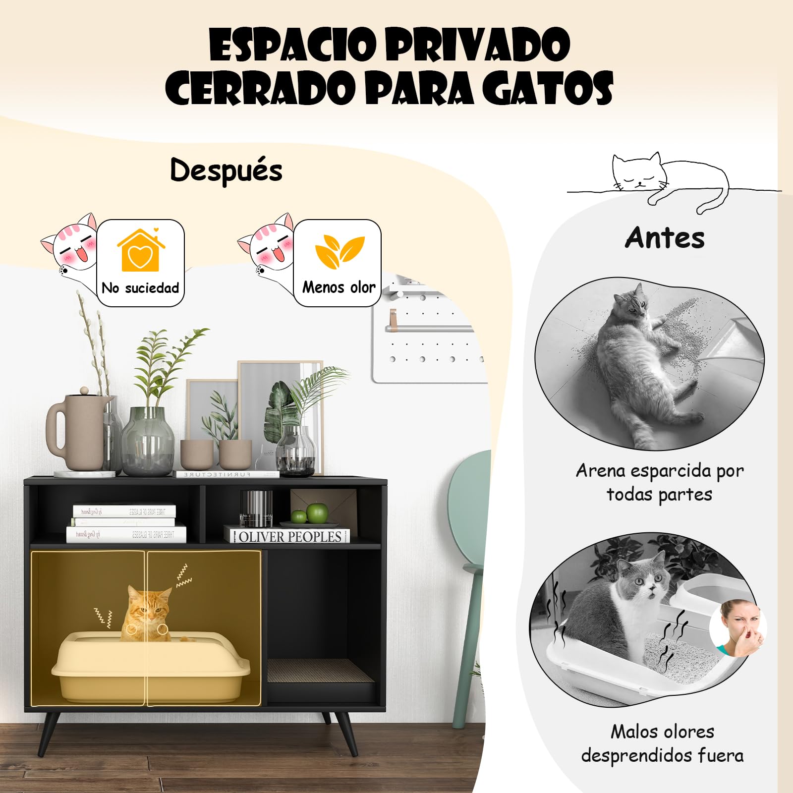GOPLUS Caja de Arena para Gatos, Mueble Arenero Escondido con Doble Puerta, Compartimentos y Tablero Rasca, Casa de Mascotas de Interior, Lavabo Oculto para Gatos, Estilo Industrial, 90 x 50 x 70 cm