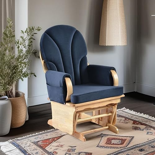 Comfortable Solid Wood Glider Rocker Chair with Plush Velvet Cushion - Modern Rocking Chair for Living Room, Nursery, Reading Nook - Dark Blue