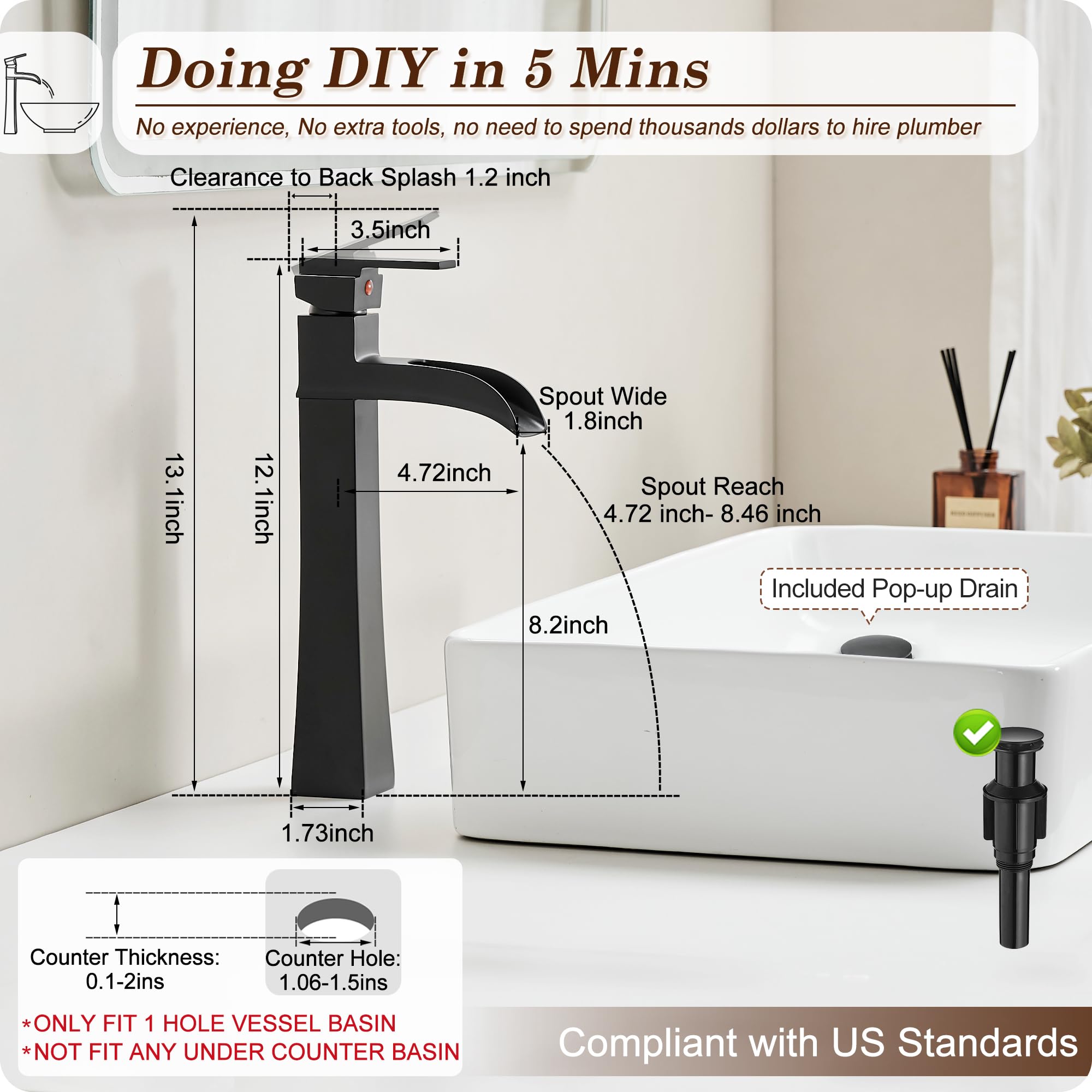 Vessel Sink Faucet Black 12 Inch Waterfall Tall Bathroom Faucet One Hole with Pop-Up Drain Pre-Installed Hoses Single — view 6