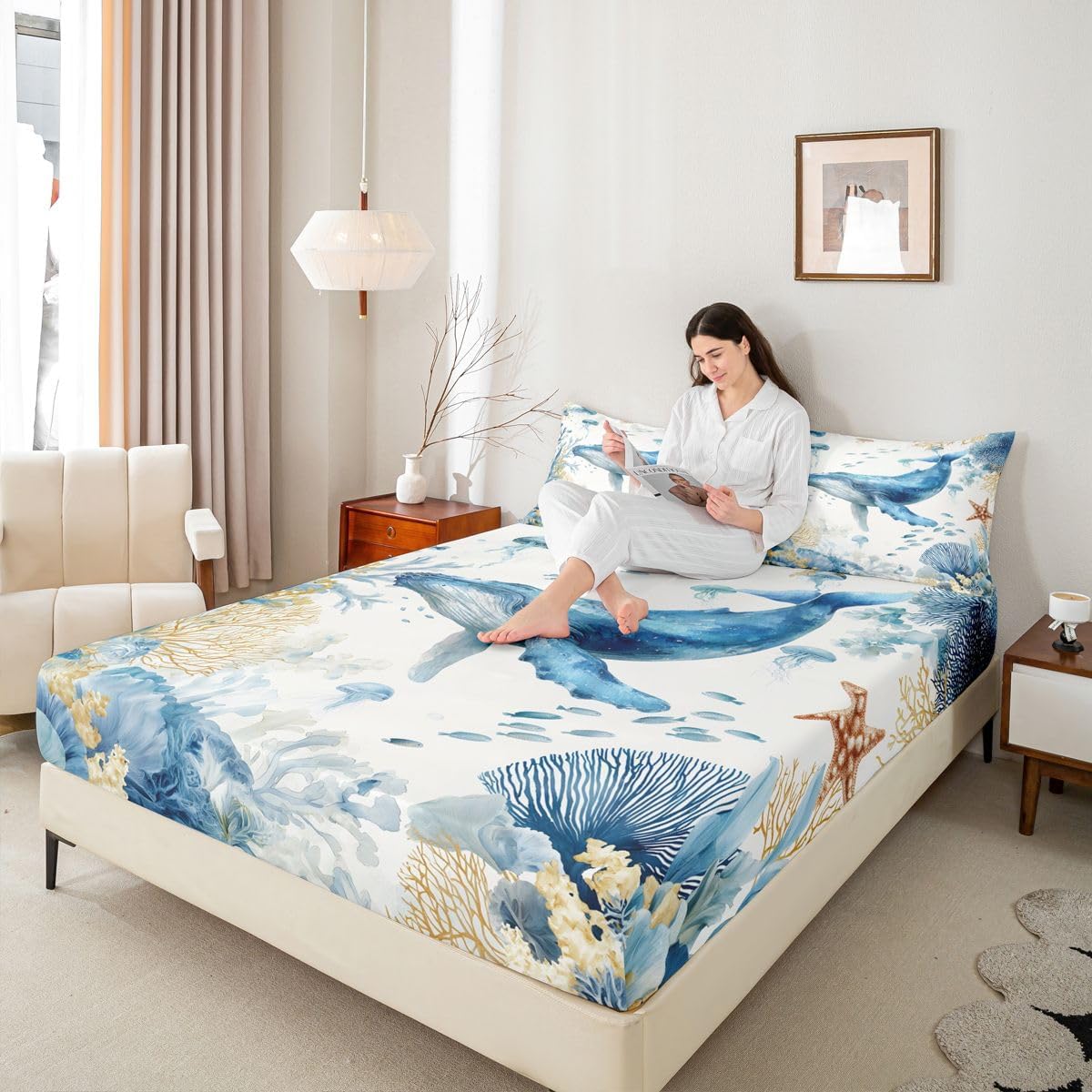Nautical Coastal Beach Fitted Sheet Full Ocean Themed Whale Bed Sheets Nautical Sea Animal Bedding Set for Kids Boys Girls,Summer Coastal Tropical Bed Cover 3 Pcs