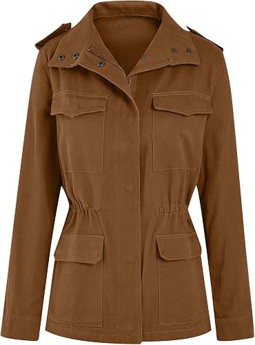 Veste Femme mi Saison Printemps Militaire Manteau Blouson en Coton Kaki Jacket avec Poches Casual Parka Veste Saharienne Legere Décontracté Outwear Zipper Grande Taille - 4