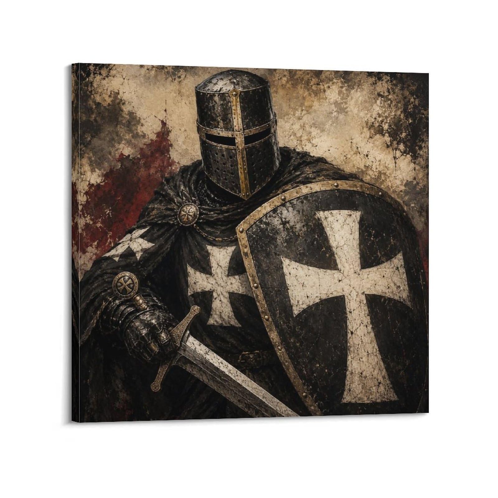 XKUGA Hospitaller Knight Poster White Cross Shield Defender Armor Modern Decorative Canvas Prints - Ideal Wall Art for Family, Man Cave, Game Room, Boys & Girls Bedroom 16x16inch(40x40cm)