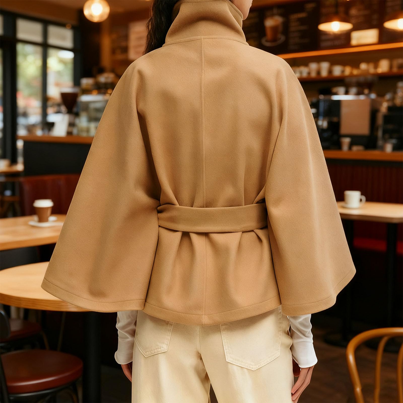 2026 nouveau poncho à manches chauve-souris pour femmes, ceinture châle en laine automne et hiver col montant cape ceinturée cape manteaux en laine