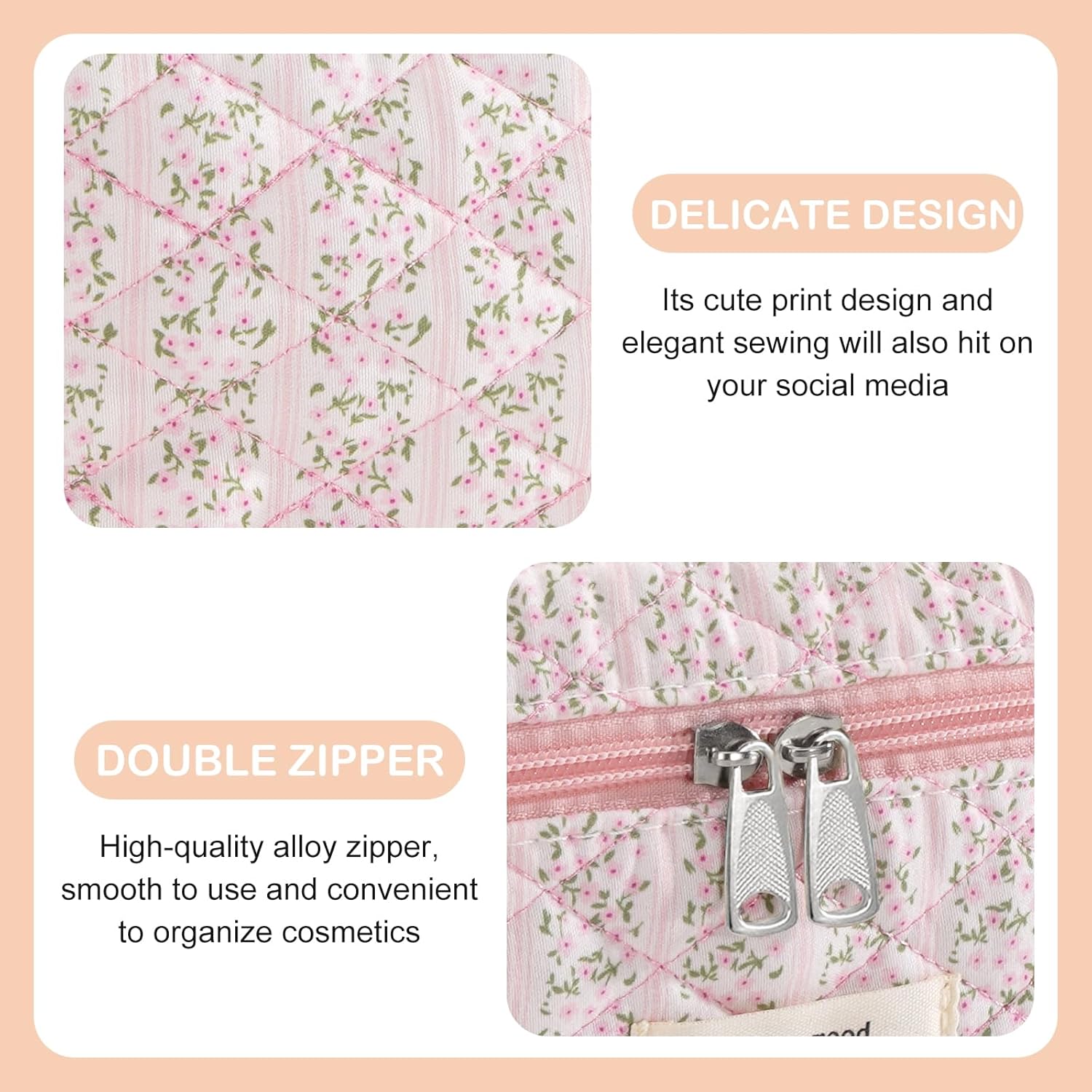 Makeup Bag for Women 3PCS Quilted Cotton Make Up Bag Travel Cosmetic Bag Large Makeup Bag Set Cute Makeups Organizer Floral Toiletry Pouch for Purse, Pink Stripe - Image 7